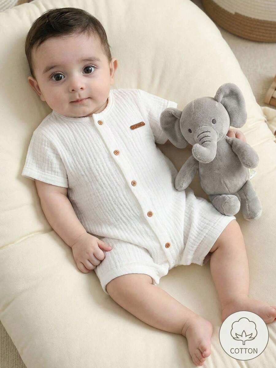 SHEIN Bộ đồ liền thân tay ngắn màu trơn thường ngày cho bé trai sơ sinh + quần short, mùa hè - trắng - Xem 1