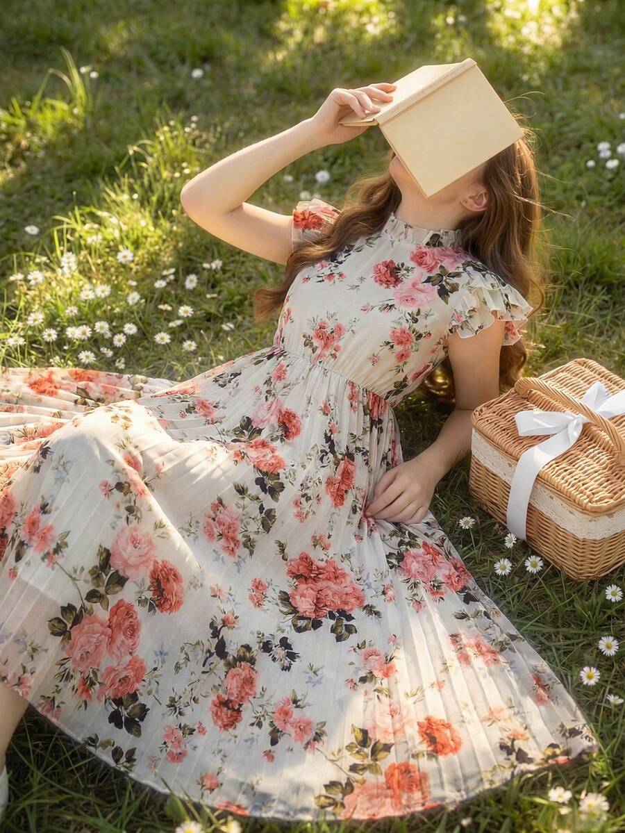 SHEIN 少女荷叶边领双层短袖褶裥下摆印花连衣裙 - 彩色 - 查看 1