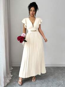 Elenzga Đầm maxi dự tiệc, dạ hội, tiệc tối, cocktail, màu trơn, cổ chữ V, tay bồng, chất liệu vải dệt, trang trí cúc kim loại, thiết kế xếp ly, thanh lịch dành cho nữ. - Màu be - Xem 5