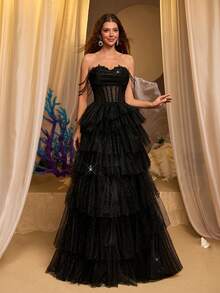 Glamrae Robe maxi élégante et luxueuse sans bretelles avec collier de perles, taille évasée avec baleinage en arête de poisson, patchwork de tulle transparent et sequins. Fente haute. Convient pour les mariages, événements, soirées célibataires, vacances, galas, occasions formelles (ornementation lourde) - Noir - Voir 8