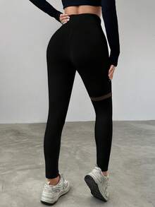 SHEIN EZwear Mesh Contrast High Waist Slim Fit Leggings - Black - View 2