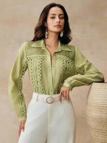 Anewsta High-Quality Fashion French Elegant Pleated Patchwork Embroidered Blouse, Niche Design Lantern Sleeve Turndown Collar Top, Versatile For Work And Vacation - Green - View 5