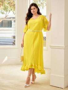 MOTF PREMIUM PLUS SIZE PLEATED LONG DRESS WITH BELT, COMFORTABLE FOR SPRING & SUMMER - Yellow - View 4