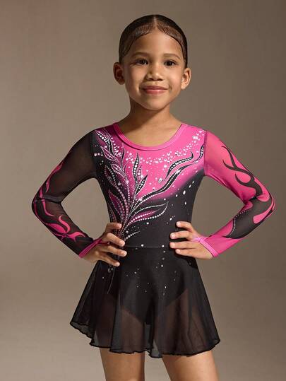 SHEIN 女童弹力网纱长袖花样滑冰服，彩色渐变数码印花设计，柔软弹力网纱裙摆，适合花样滑冰表演和训练，穿着舒适，四季皆宜