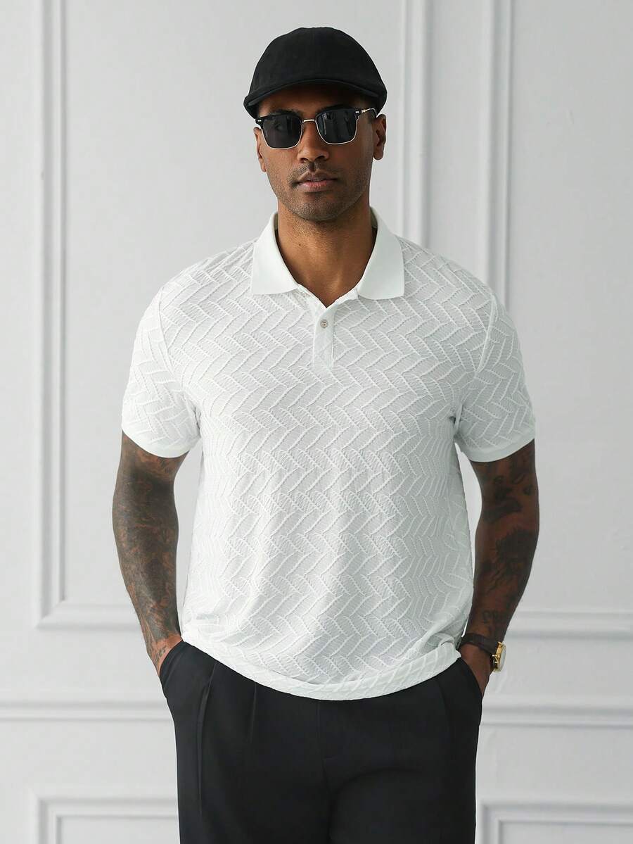 Manfinity Homme 男士 Old Money 休閒短袖紋理布料 Polo 衫,適合外出、聚會與度假,夏季商務辦公工作穿著,白色,正式風 - 米色 - 查看 1