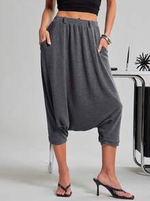 SHEIN Haute Women's Sexy Casual Drop Crotch Harem Knit Pants - Grey - View 2