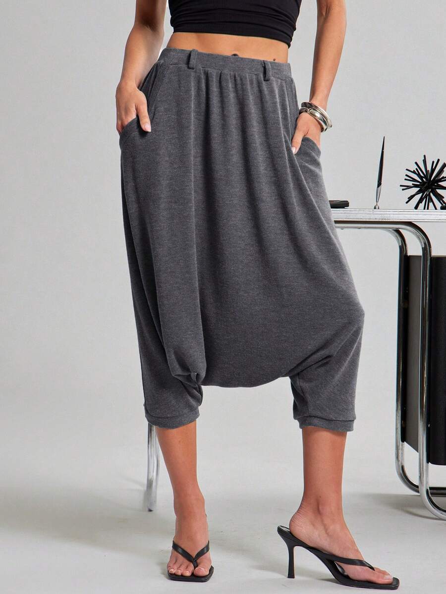Hauture Pantalones holgados de punto con entrepierna caída, de estilo casual y sexy para mujer - Gris - Ver 1