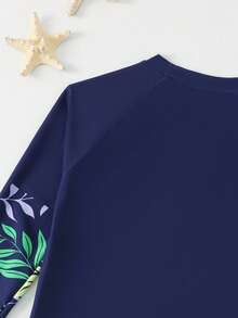 SHEIN Đồ bơi cho bé trai tuổi teen, bộ tankini dài tay in họa tiết lá cọ màu xanh dương, kiểu dáng thời trang, giản dị nhưng thanh lịch, phù hợp cho bơi lội, kỳ nghỉ hè, bãi biển, hồ bơi và các bữa tiệc ngày lễ. - Màu xanh lam - Xem 6