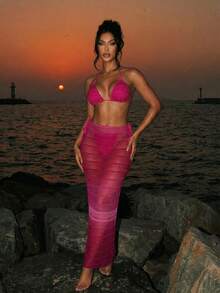 Swim SXY 3 件套女士度假装：露背比基尼套装、比基尼套装下装和裙子套装夏季海滩 - 玫紅色 - 查看 3