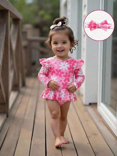 女婴沙滩装花卉针织连体泳衣，带荷叶边和发带，时尚优雅，适合游泳、夏季度假、海滩、泳池、假日派对等场合