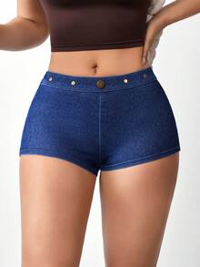 Flexra 女士纽扣休闲百搭日常牛仔短裤 - 藍色 - 查看 6