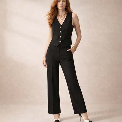 Conjunto Elegante tipo Lino de Dos Piezas Mujer con Chaleco Sastre de Botones Dorados y Pantalón Pierna Ancha