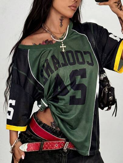 Coolane Áo thun nữ cỡ lớn mùa xuân/hè phong cách đường phố thể thao cổ chữ V màu đỏ bóng chày bóng đá