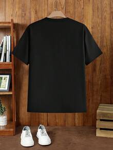 EASEVO Plus Size Men's Casual Letter Print Contrast Color Short Sleeve T-Shirt - Black - View 2