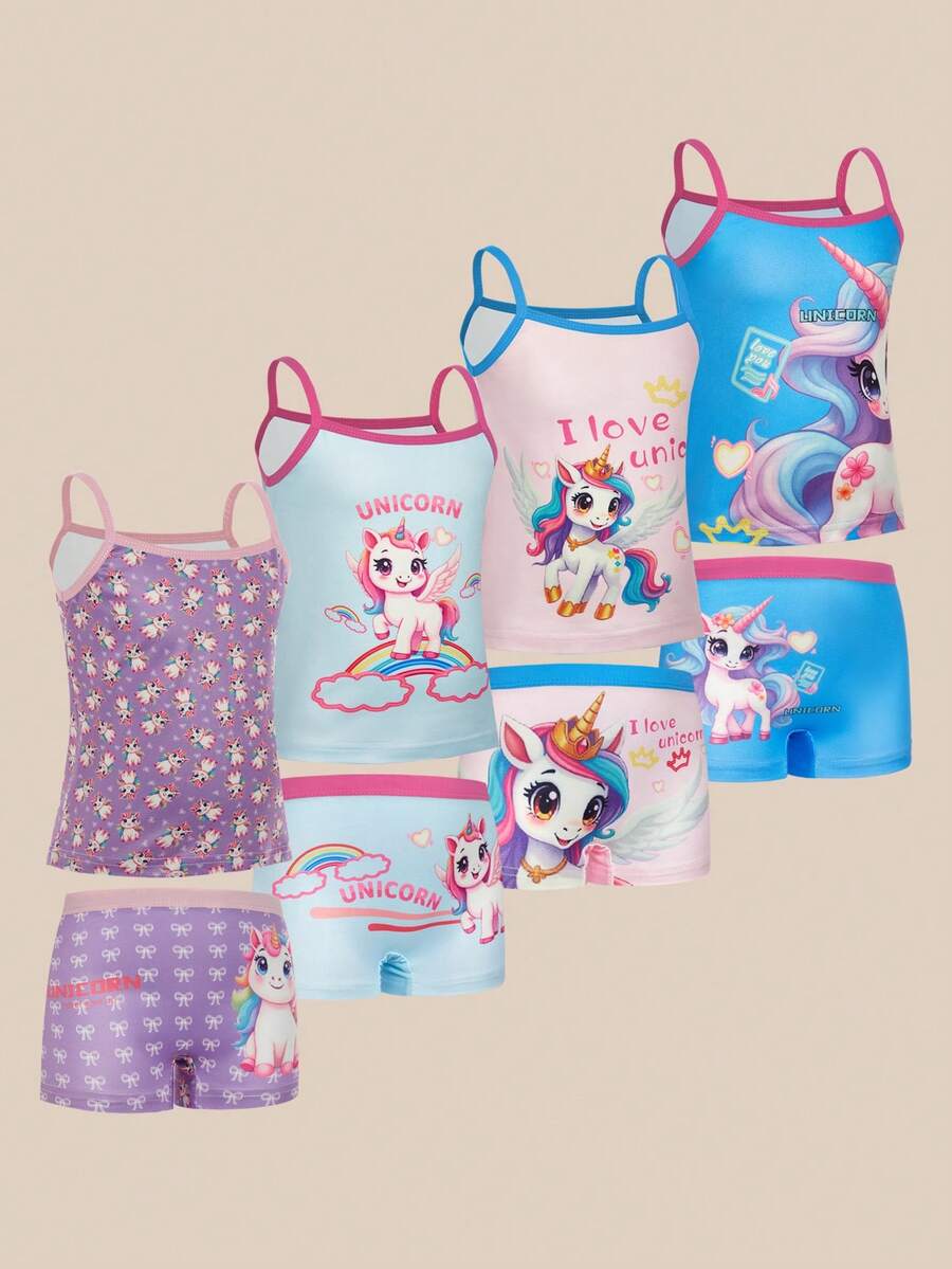 SHEIN 8pcs/Set Young Girl' Unicorn Pony Suspender Dress + Soft Briefs Underwear Set - Multicolor - View 1