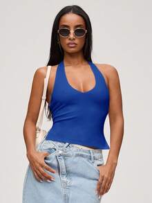 SHEIN BASICS Casual Solid Color Knit Halter Neck Top For Women/Summer Fitted Top For Women Tanktop Body Tops For Ladies Halter Tops For Women - Royal Blue - View 4