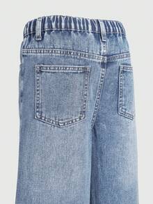 SHEIN Denimly 新款春夏少女宽松浅蓝色阔腿牛仔裤，柔软的牛仔面料如云朵般轻盈，心形刺绣细节更添精致，弹性腰带设计穿着舒适，适合校园、街头、约会、户外活动和日常穿着。 - 中等水洗藍 - 查看 4