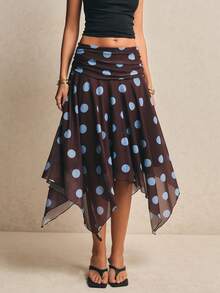 Poéselle Women's Polka Dot Print Asymmetric Hem Skirt - Brown - View 6
