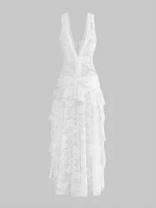 Sweetness Lace Ruffle Sheer Deep V Neck Dress, Suitable For Western Music Festival - White - View 4
