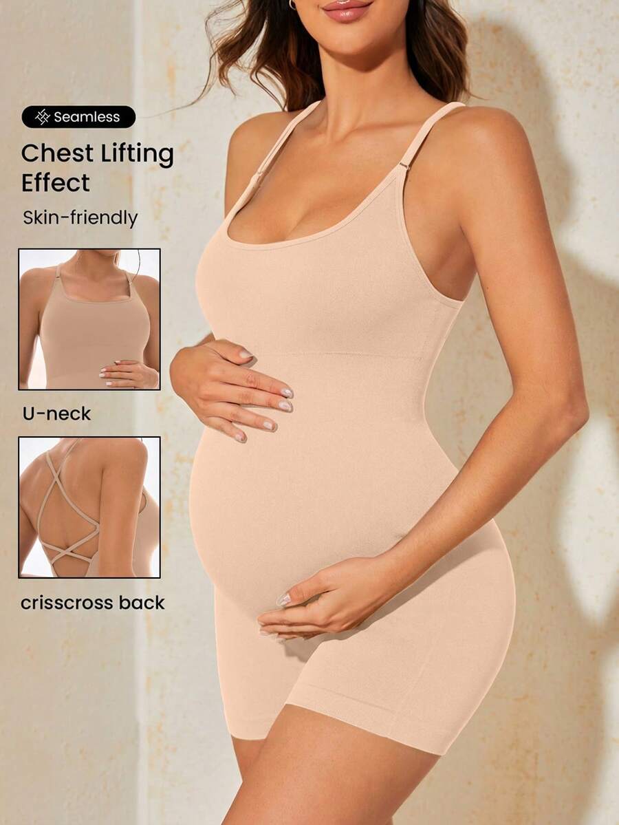 SHEIN Maternity Solid Color Tight Double-Layer Casual Jumpsuit - Apricot - View 1