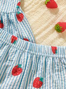 SHEIN Playful Pals 2件套女婴幼儿/新生儿0-3岁休闲日常可爱度假条纹蝴蝶结装饰吊带背心+短裤套装，春夏款 - 藍色 - 查看 9