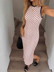 Easowa 女士波点印花滚边圆领修身中长连衣裙 - 粉色 - 查看 1