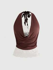 ROMWE Hippie Áo camisole nữ kiểu retro vintage 2 trong 1 phối màu tương phản, chất liệu ren, cổ xếp ly, thích hợp cho lễ hội âm nhạc. - màu nâu - Xem 1