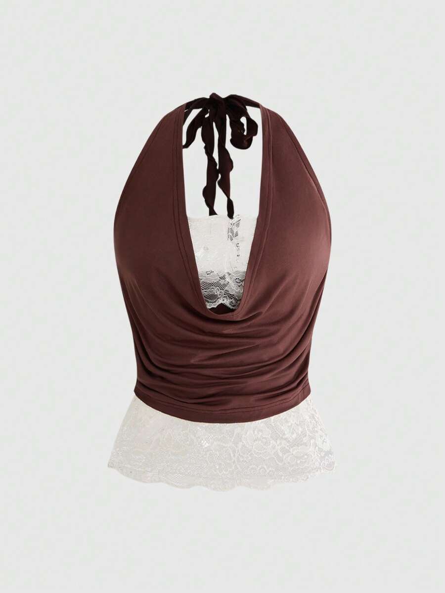 ROMWE Hippie Áo camisole nữ kiểu retro vintage 2 trong 1 phối màu tương phản, chất liệu ren, cổ xếp ly, thích hợp cho lễ hội âm nhạc. - màu nâu - Xem 1