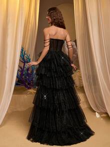 Glamrae Robe maxi élégante et luxueuse sans bretelles avec collier de perles, taille évasée avec baleinage en arête de poisson, patchwork de tulle transparent et sequins. Fente haute. Convient pour les mariages, événements, soirées célibataires, vacances, galas, occasions formelles (ornementation lourde) - Noir - Voir 4