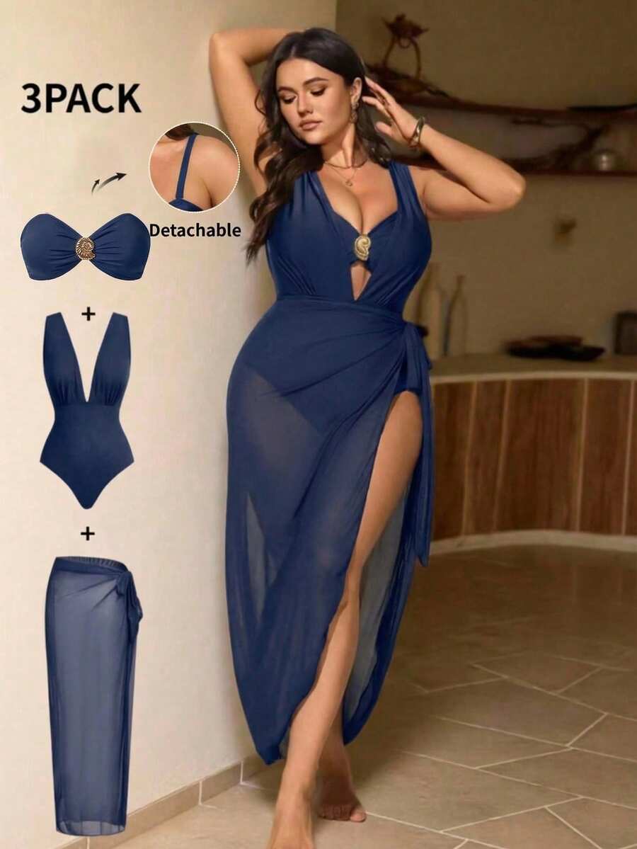 SHEIN Swim 大码三件套优雅棕色金属扣装饰连体泳衣,可单独搭配其他服饰,适合派对和度假穿着 - 藏蓝色 - 查看 1