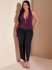 SHEIN BAE Plus Size Women's Dark Purple Classy Halter Tank Top,Summer Backless Ruched Top With Metal Button,Night Out Club Party Birthday Outfits 2026 - Purple - View 4