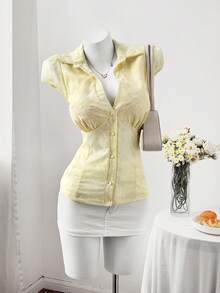Sweetra Plus Size Fashion Versatile Single-Breasted Embroidered Polo Collar Slim Fit Shirt - Yellow - View 6