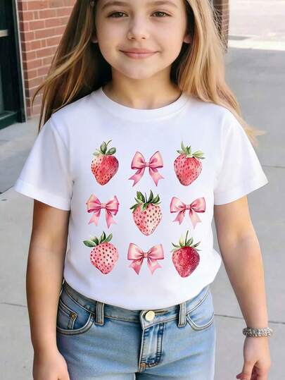 女童休闲可爱草莓蝴蝶结圆领短袖T恤，适合夏季、上学、户外活动穿着，韩版简约舒适白色上衣，夏季穿搭，少女风草莓上衣，适合春夏穿着