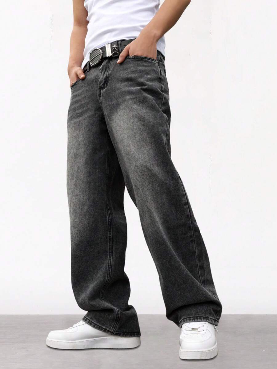 Chillumni Men's Grey Embroidered Casual Loose Fit Jeans Grey Baggy Jeans - Grey - View 1