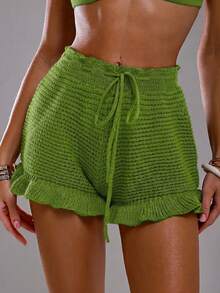 Swim Glamine Women's Solid Color Drawstring Ruffled Hem Knit Cover-Up, Fashionable Summer Beach Sea Green Sexy - Olive Green - View 5