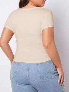 SHEIN BASICS Maglietta casual a maniche corte, girocollo, tinta unita, versatile, taglie comode, per donne, magliette a maniche corte, top per donne, regali per la festa della mamma, top basic estivi aderenti per donne, top basic aderenti tinta unita per donne, top a costine per donne - Albicocca - Visualizzare 3