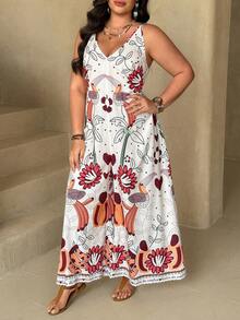 Ceyna Plus Size V-Neck Printed Sleeveless Wide Leg Jumpsuit With Invisible Zipper At Back - Multicolor - View 6