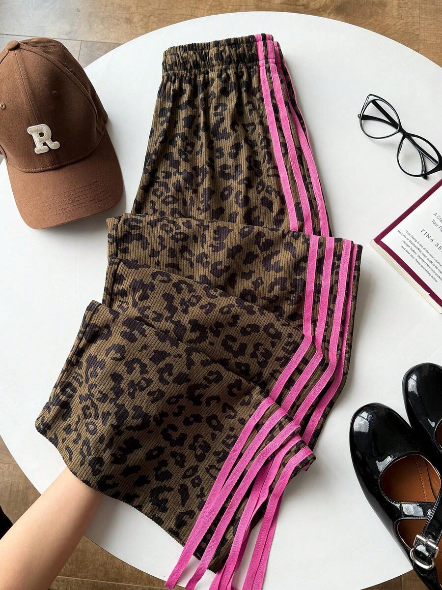 SHEIN EZwear Quần nữ dệt gân in họa tiết da báo màu nâu - màu nâu - Xem 1