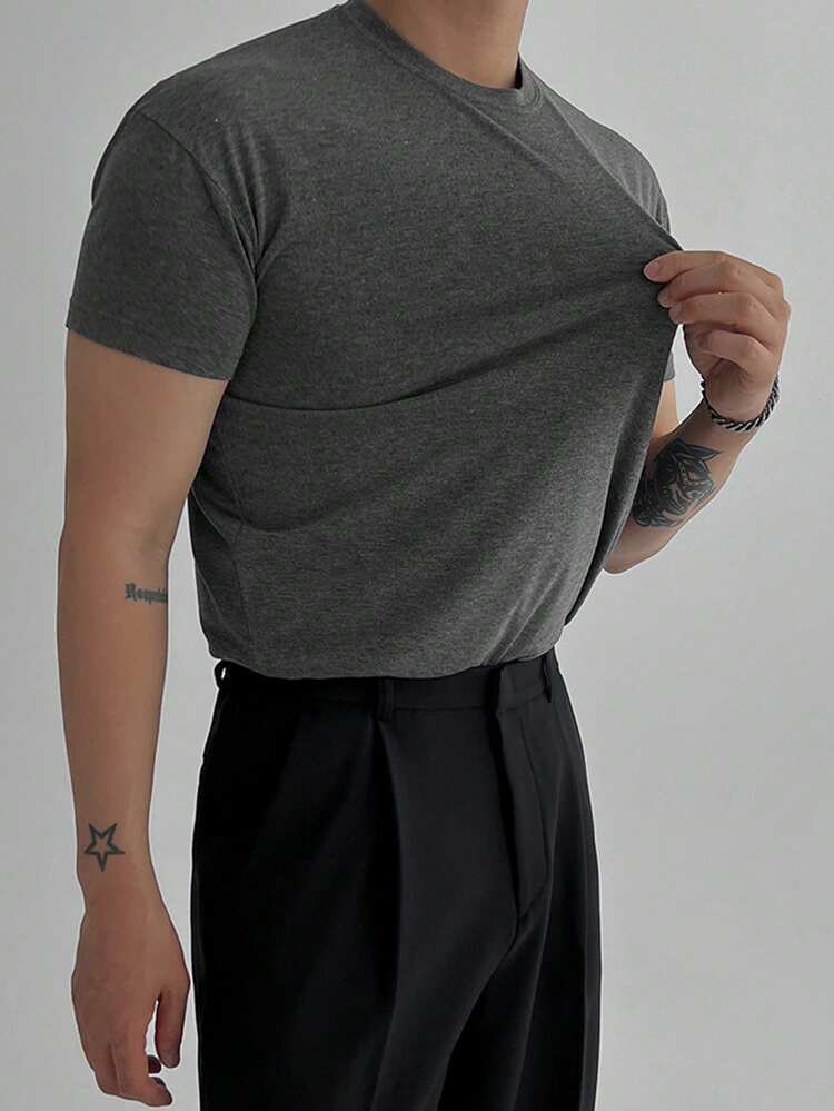 Men's Slim Fit Solid Dark Grey Short Sleeve T-Shirt, Summer