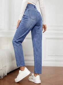 EMERY ROSE Jeans de mezclilla para uso diario, versátiles y casuales, con bolsillos y botones desgastados para mujeres - Azul - Ver 2