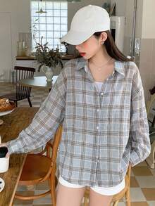 DAZY Áo sơ mi nữ dài tay kẻ caro cài một hàng khuy, dáng rộng, thoải mái - Màu xanh lam - Xem 3