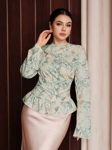 Graceveil Áo kiểu nữ thanh lịch cổ tròn, vai rớt, tay dài, eo nhún, họa tiết hoa. - Màu be - Xem 6