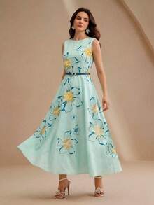 Anewsta 女士无袖 A 字印花长裙，海军蓝 PU 腰带束腰，3D 立体花朵装饰，浪漫优雅，适合休闲聚会、度假、海滩、婚礼等场合。 - 藍色 - 查看 4