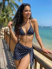 SHEIN Bộ đồ bơi 3 mảnh dành cho thiếu nữ, họa tiết chấm bi, quần và váy buộc dây phía trước, thích hợp cho kỳ nghỉ hè và đi biển. - Màu xanh hải quân - Xem 4