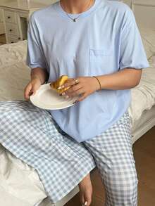 Dazy Plus 两件套休闲家居服，纯色圆领短袖上衣和格子长款宽松睡裤，大码女式春夏睡衣 - 淺藍色 - 查看 5