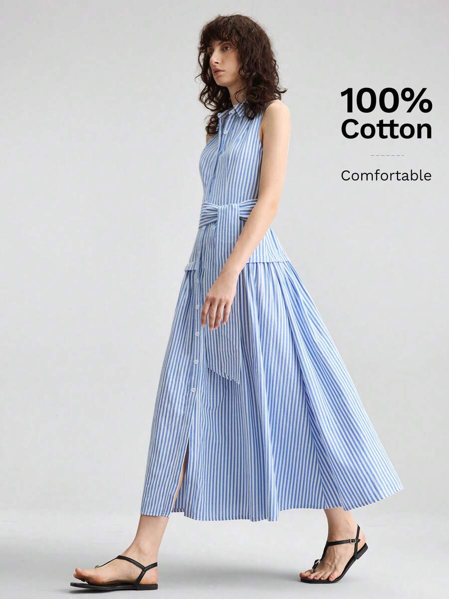 Ontre Đầm không tay in họa tiết sọc thời trang nữ - Xanh và trắng - Xem 1