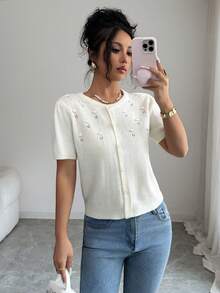 Selianne Nuevo suéter de punto de manga corta con cuello redondo, ajustado, de unicolor, con patrón floral, versátil para uso diario y elegante, para primavera/verano de mujer - Beis - Ver 4