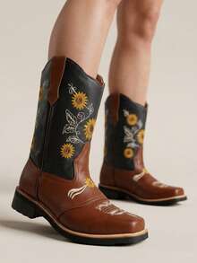 Botas vaqueras en piel genuina para mujer con bordado, punta redonda, sin cordones, tacón bajo, estilo vintage para oficina y fiesta - Marrón - Ver 2
