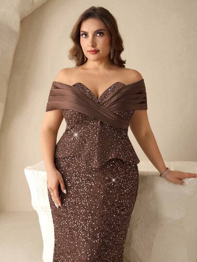 Coutiva Chiếc đầm 2 trong 1 bằng satin đính sequin thanh lịch, hở vai và lưng, với phần chân váy kiểu đuôi cá, hoàn hảo cho các sự kiện dạ hội trang trọng, đám cưới, lễ tốt nghiệp, tiệc tựu trường và các buổi xuất hiện trên thảm đỏ.