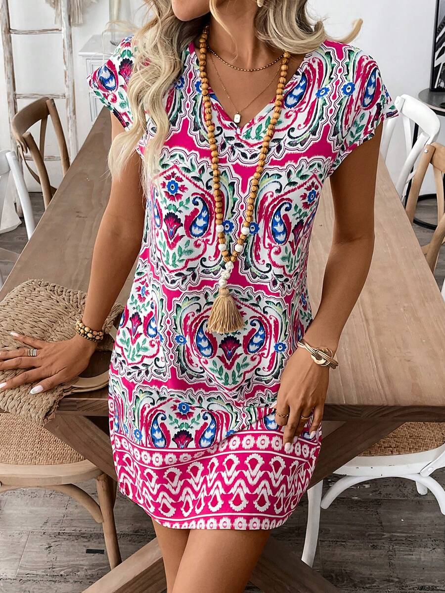 SHEIN Tall 女士夏季度假印花V领蝙蝠袖连衣裙 - 彩色 - 查看 1